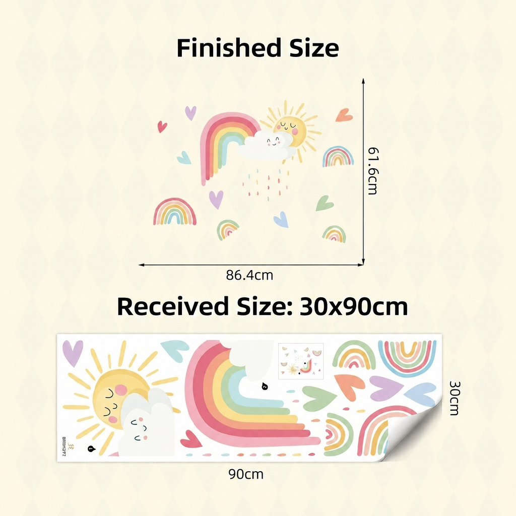 Rainbow, Sun and Cloud Nursery Wall Stickers - dimensions
