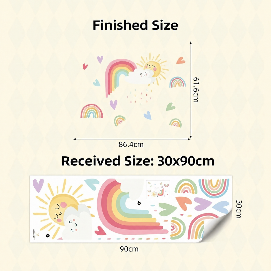 The sheet you receive compared with the design on the wall: Rainbow, Sun and Cloud Nursery Wall Stickers
