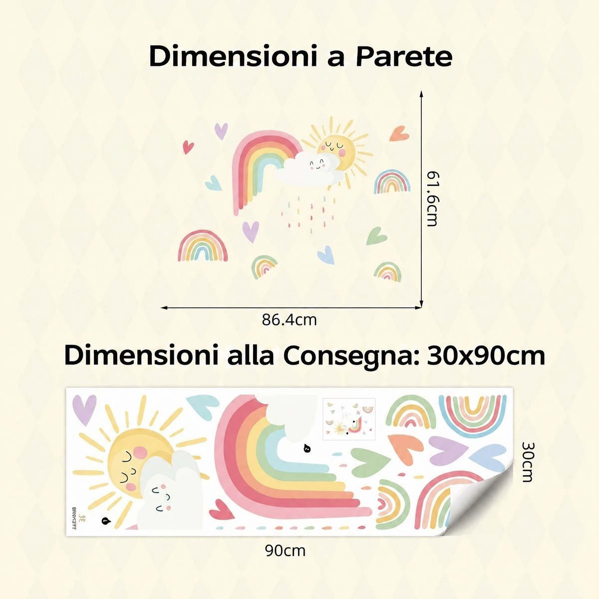 Adesivi murali arcobaleno, sole e nuvola per cameretta neonato - Dimensioni