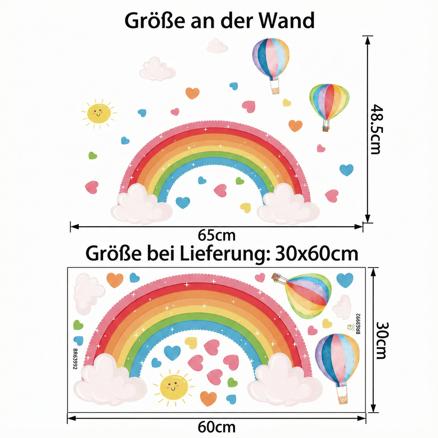 Der gelieferte Bogen im Vergleich zum Motiv an der Wand: Wandtattoo Regenbogen auf Wolken