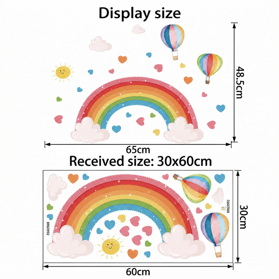 The sheet you receive compared with the design on the wall: Rainbow on Clouds Wall Stickers