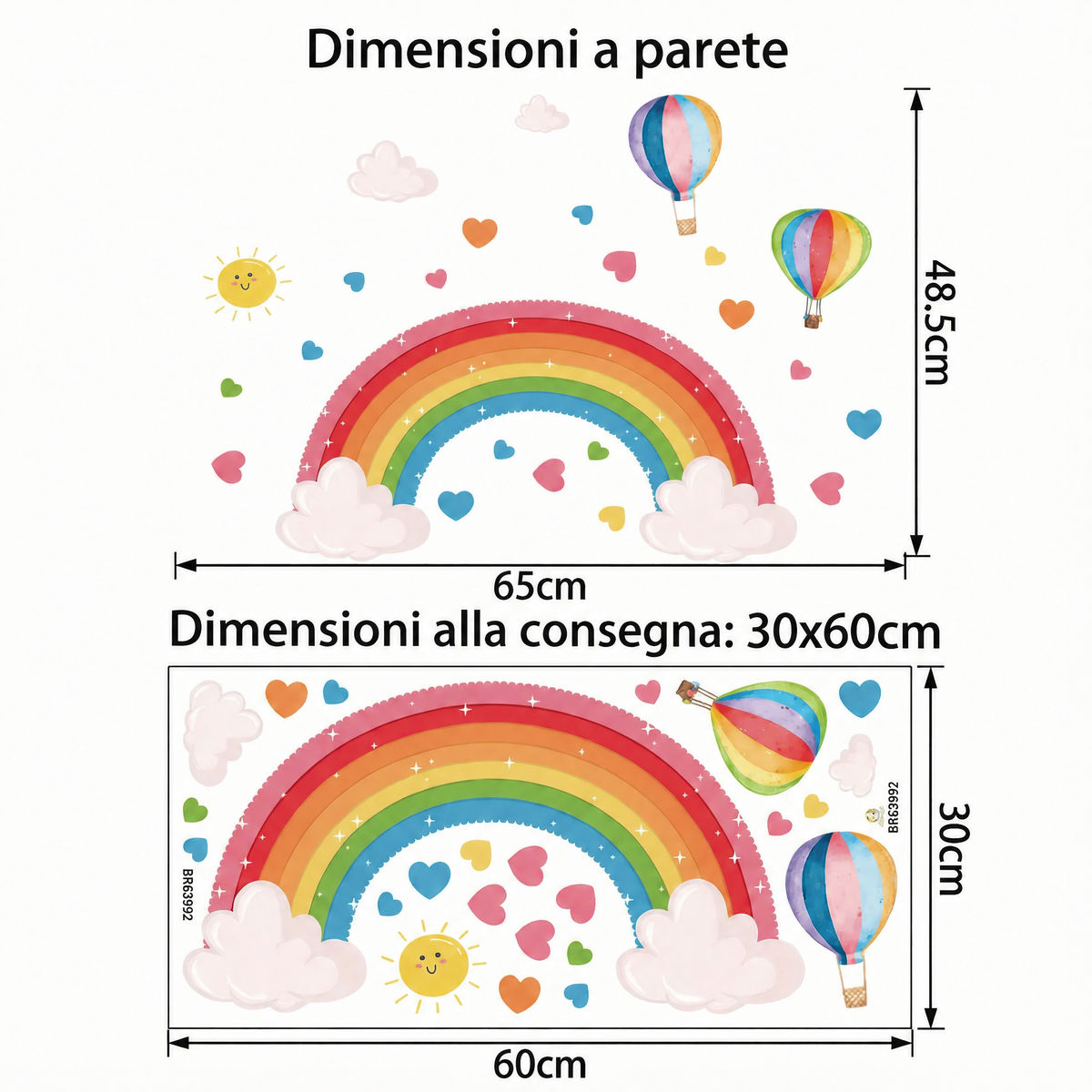 Adesivi murali arcobaleno sulle nuvole - Dimensioni