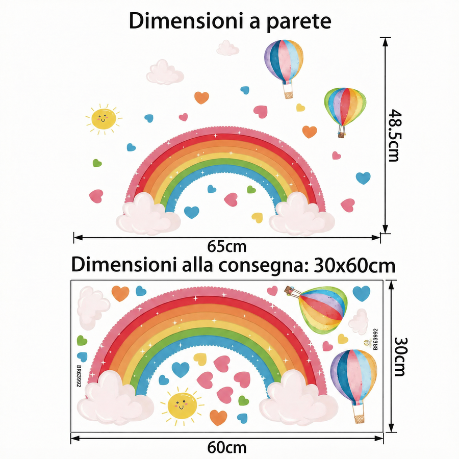 Il foglio che ricevi a confronto con il motivo applicato: Adesivi murali arcobaleno sulle nuvole