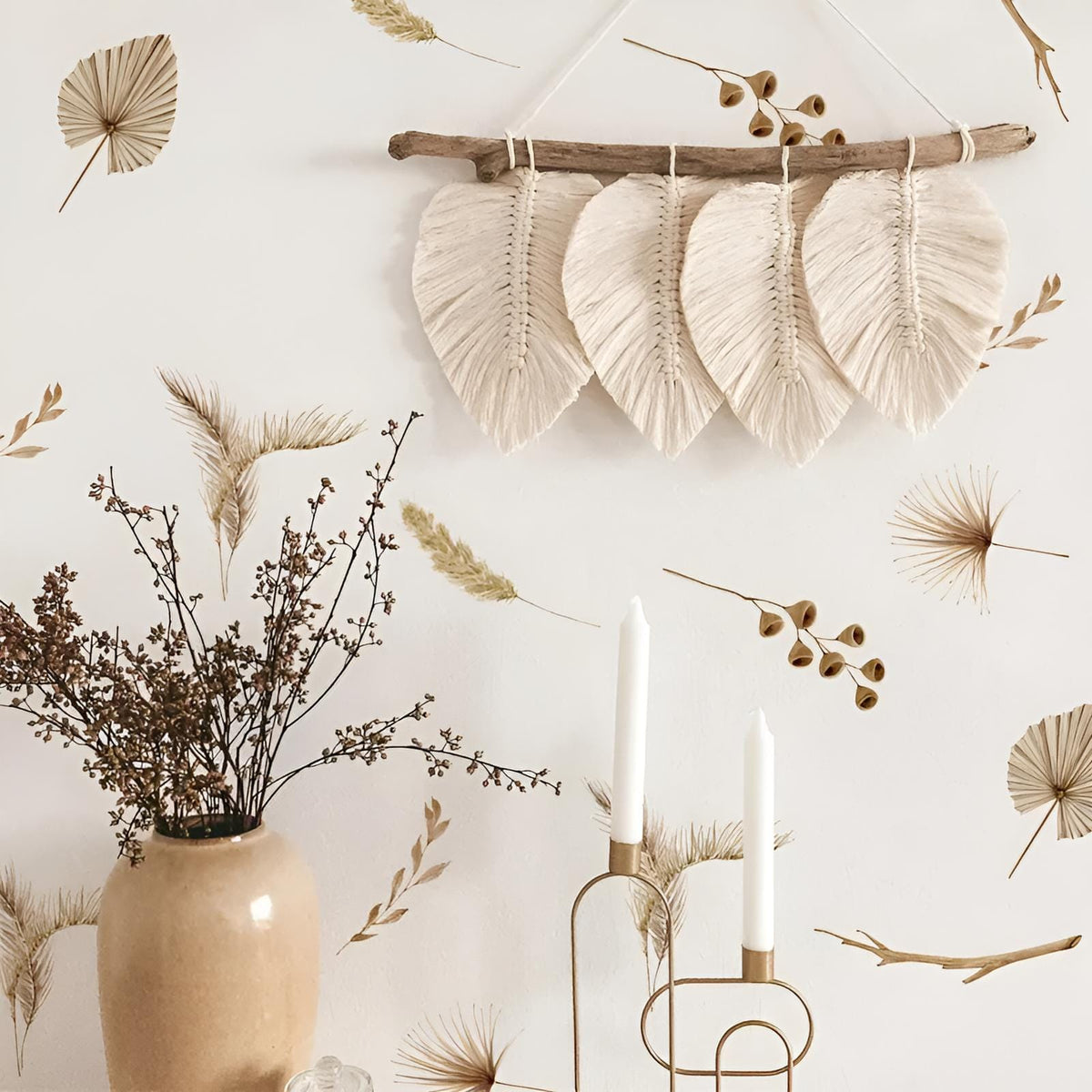 Stickers Muraux Bohème Fleurs Séchées Beige Boho
