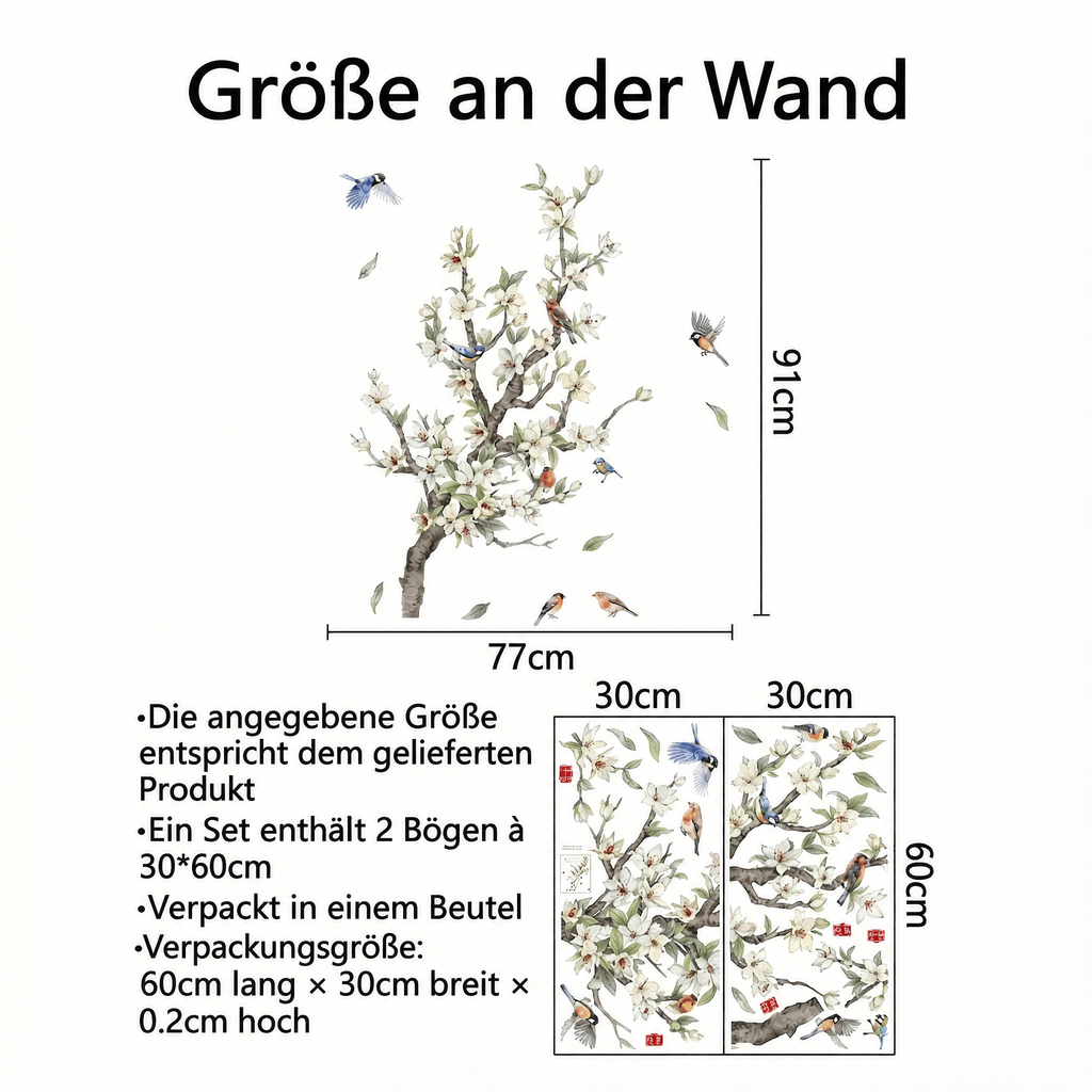 Wandtattoo Blütenzweig mit Vögeln - Maße