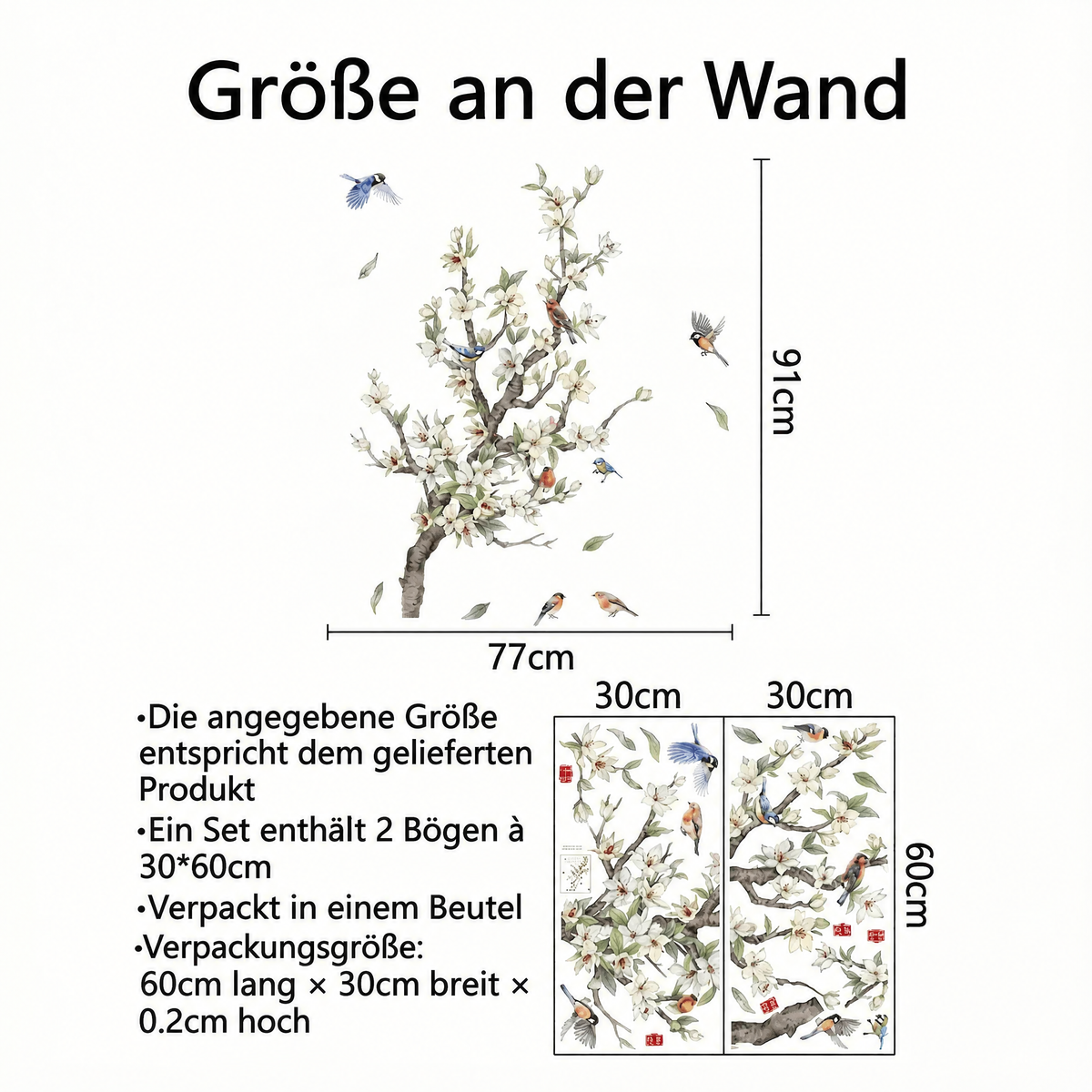Wandtattoo Blütenzweig mit Vögeln - Maße