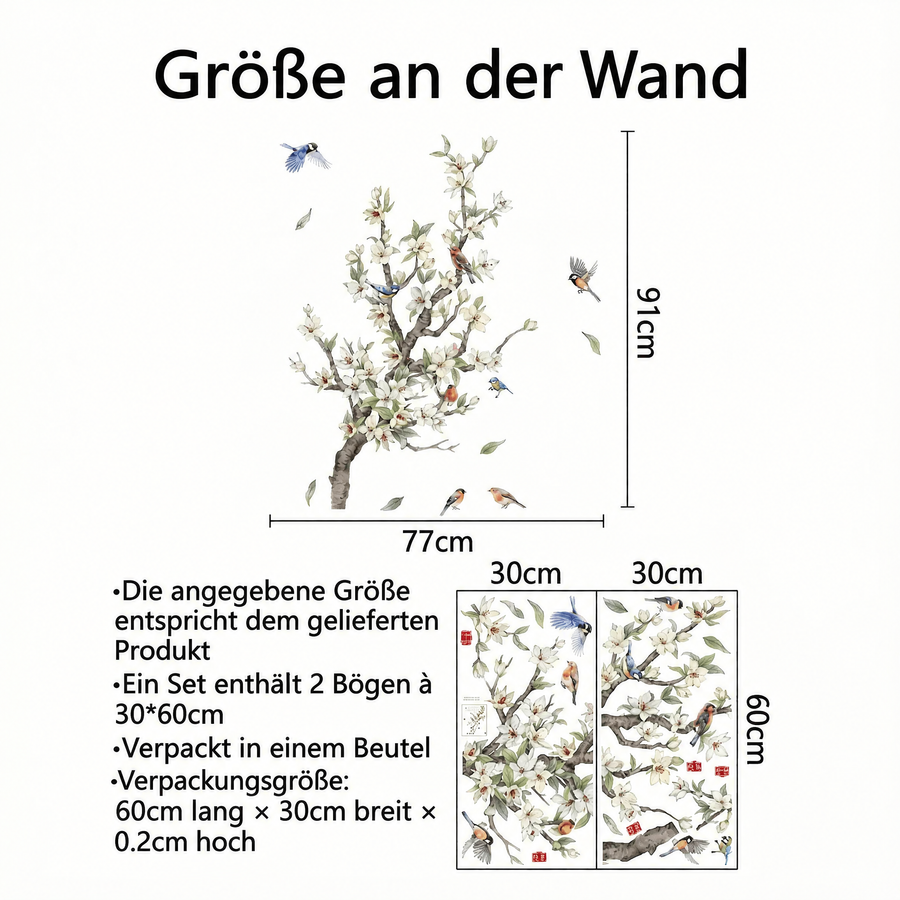 Der gelieferte Bogen im Vergleich zum Motiv an der Wand: Wandtattoo Blütenzweig mit Vögeln