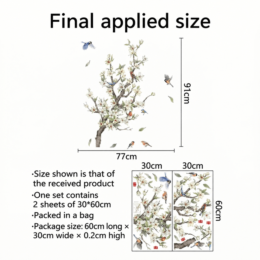The sheet you receive compared with the design on the wall: Blossom Branch with Birds Wall Stickers