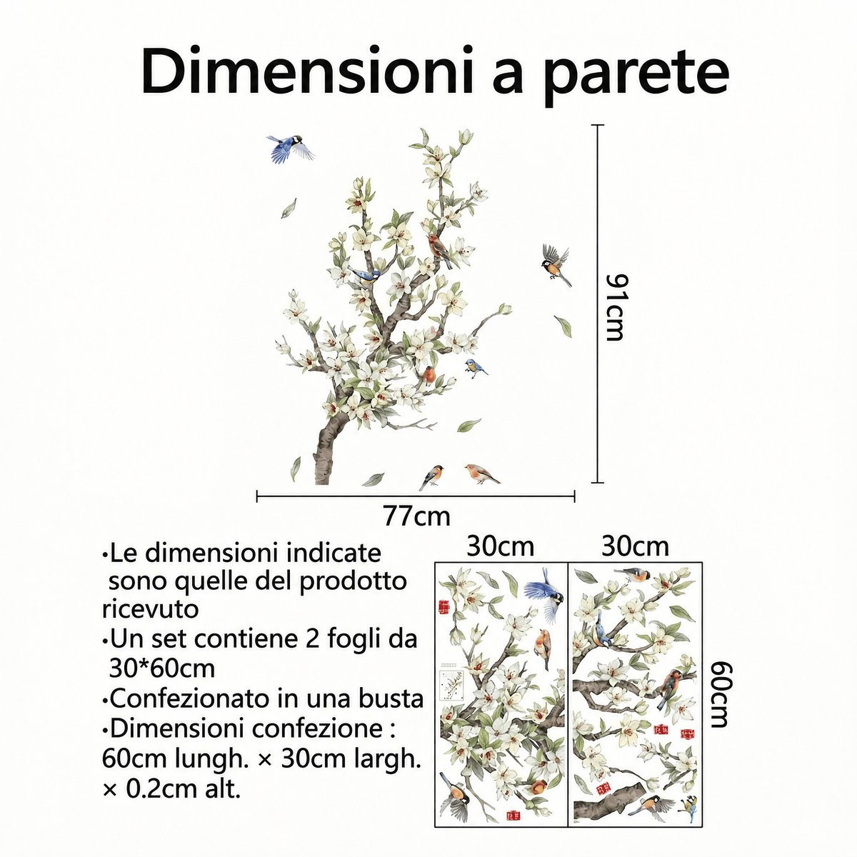 Adesivi murali ramo fiorito con uccellini - Dimensioni