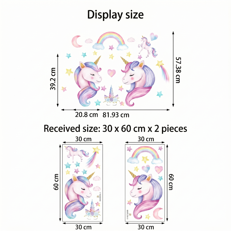 The sheet you receive compared with the design on the wall: Unicorn Bust Wall Stickers