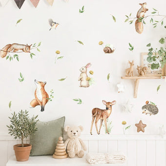 Enchanted forest pack – woodland animal nursery wall stickers above a white bench with an olive tree and a sage cushion