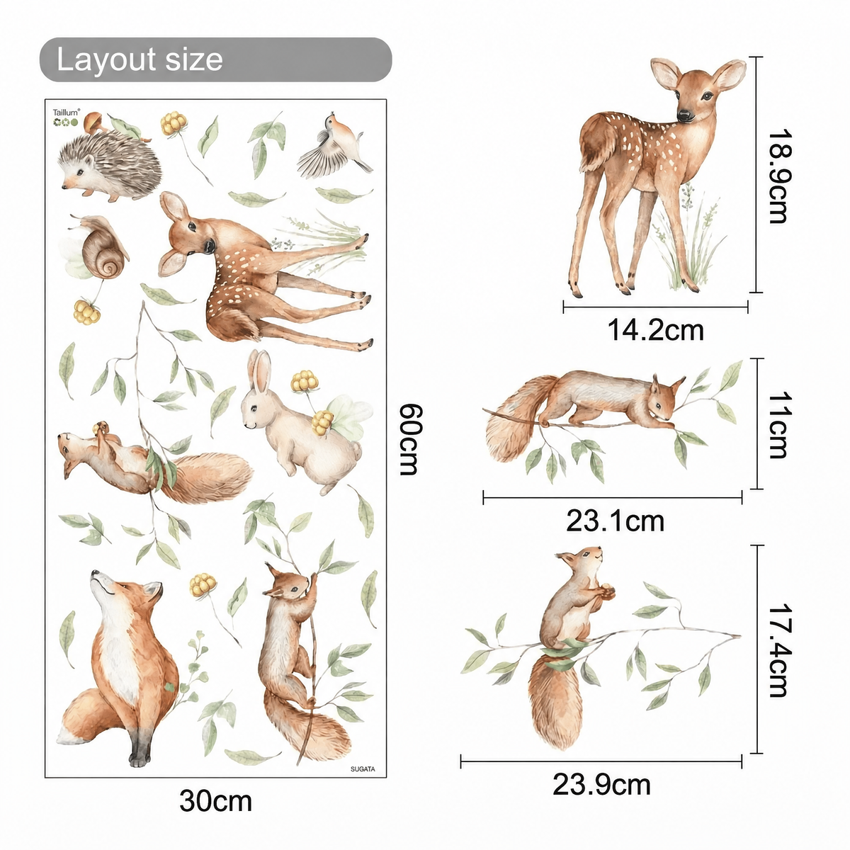 Woodland Animals Nursery Wall Stickers - dimensions