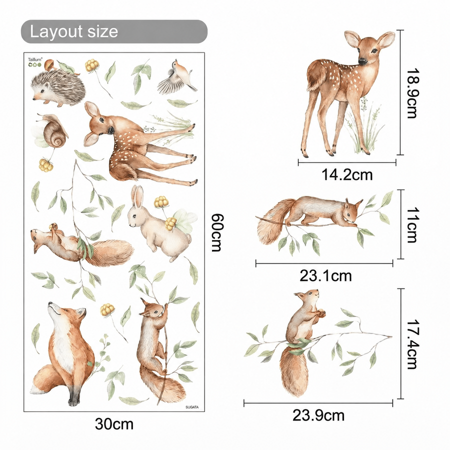 The sheet you receive compared with the design on the wall: Woodland Animals Nursery Wall Stickers