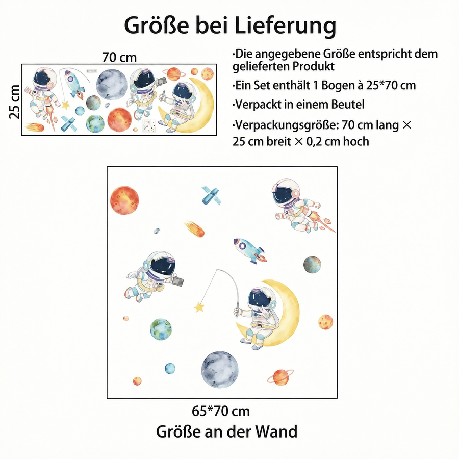 Der gelieferte Bogen im Vergleich zum Motiv an der Wand: Wandtattoo Astronaut fürs Kinderzimmer