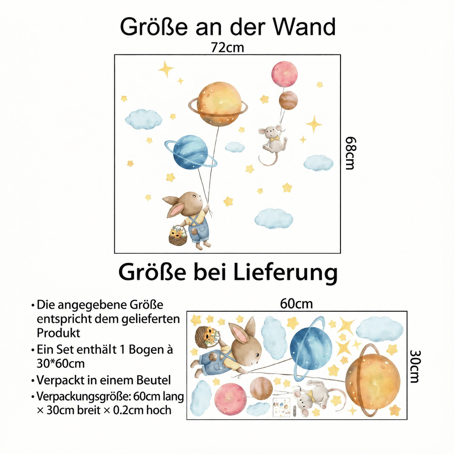 Der gelieferte Bogen im Vergleich zum Motiv an der Wand: Wandtattoo Hase und Planeten fürs Kinderzimmer