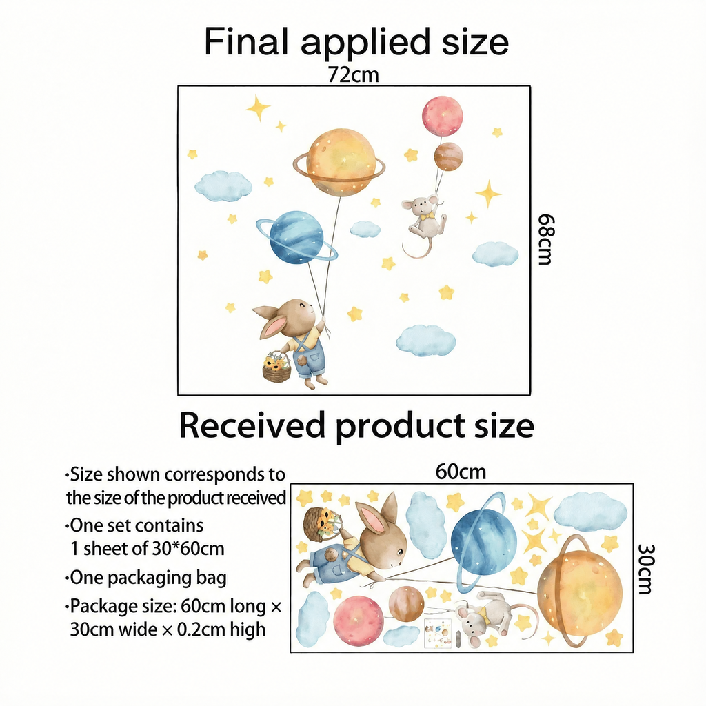 Bunny and Planets Kids' Room Wall Stickers - dimensions