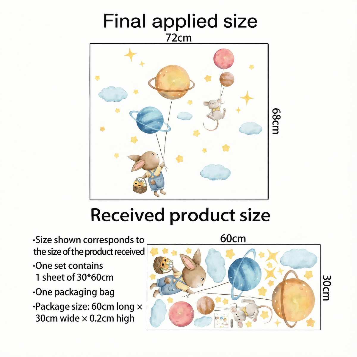Bunny and Planets Kids' Room Wall Stickers - dimensions