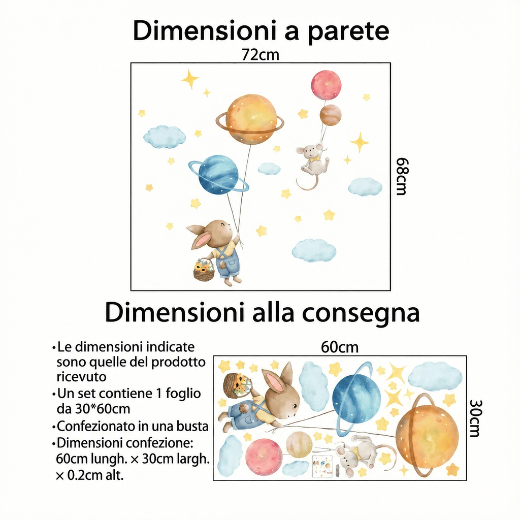 Adesivi murali coniglietto e pianeti per cameretta - Dimensioni