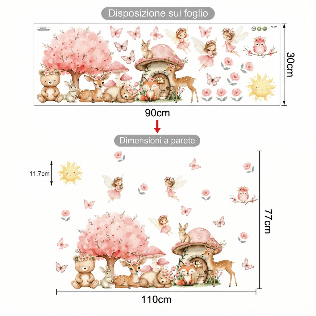 Adesivi murali animali del bosco per cameretta bambina - Dimensioni