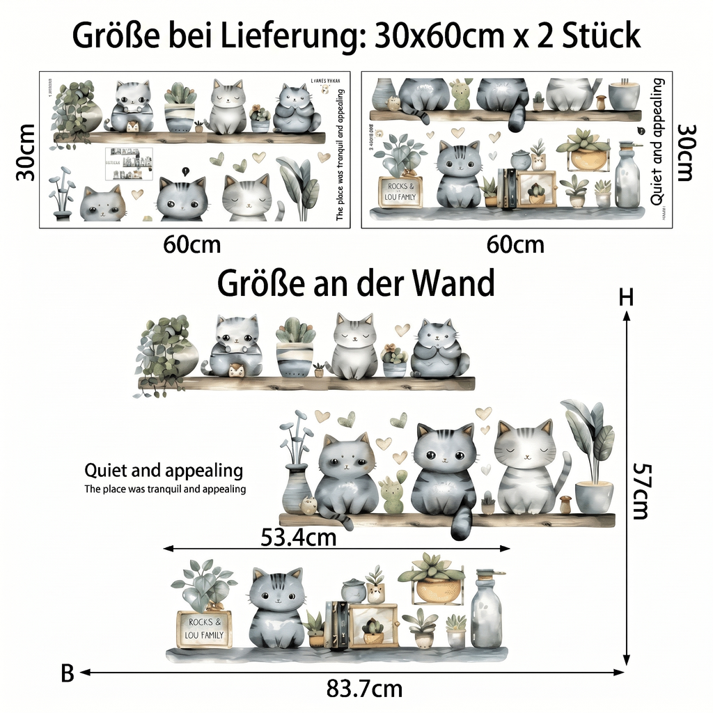 Wandtattoo Katzen auf Regalen - Maße