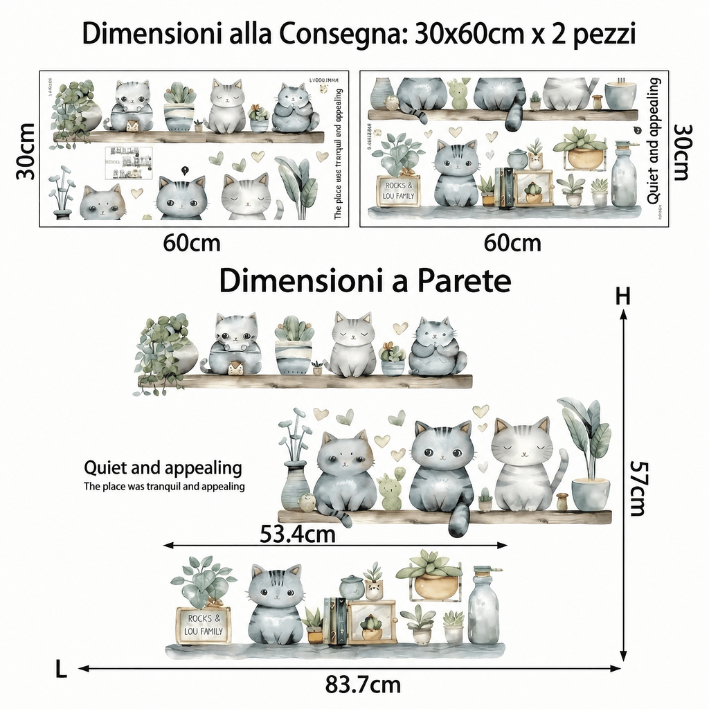Adesivi murali gatti sulle mensole - Dimensioni