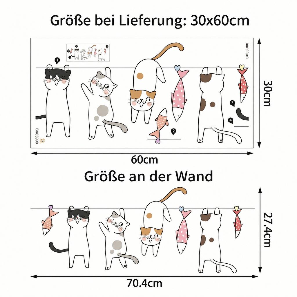 Wandtattoo Katzen an der Wäscheleine - Maße