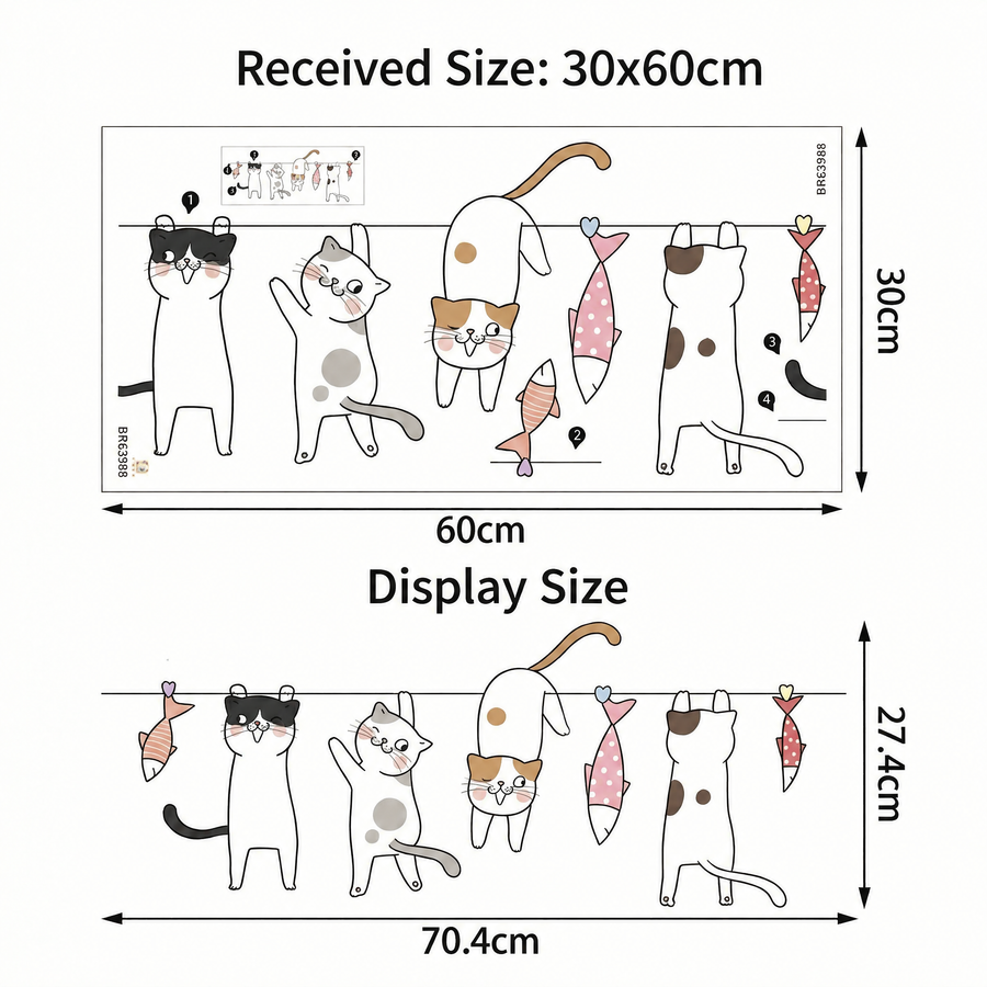 The sheet you receive compared with the design on the wall: Cat Washing Line Wall Stickers