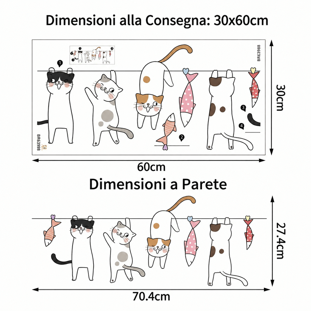 Adesivi murali gatti sul filo del bucato - Dimensioni