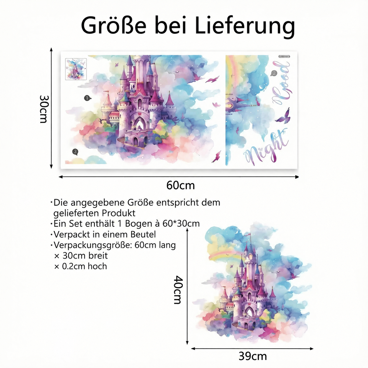 Wandtattoo Prinzessinnenschloss mit Regenbogen - Maße