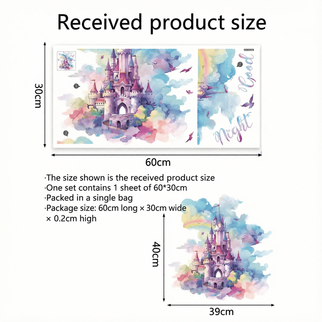 Rainbow Princess Castle Girls' Room Wall Stickers - dimensions
