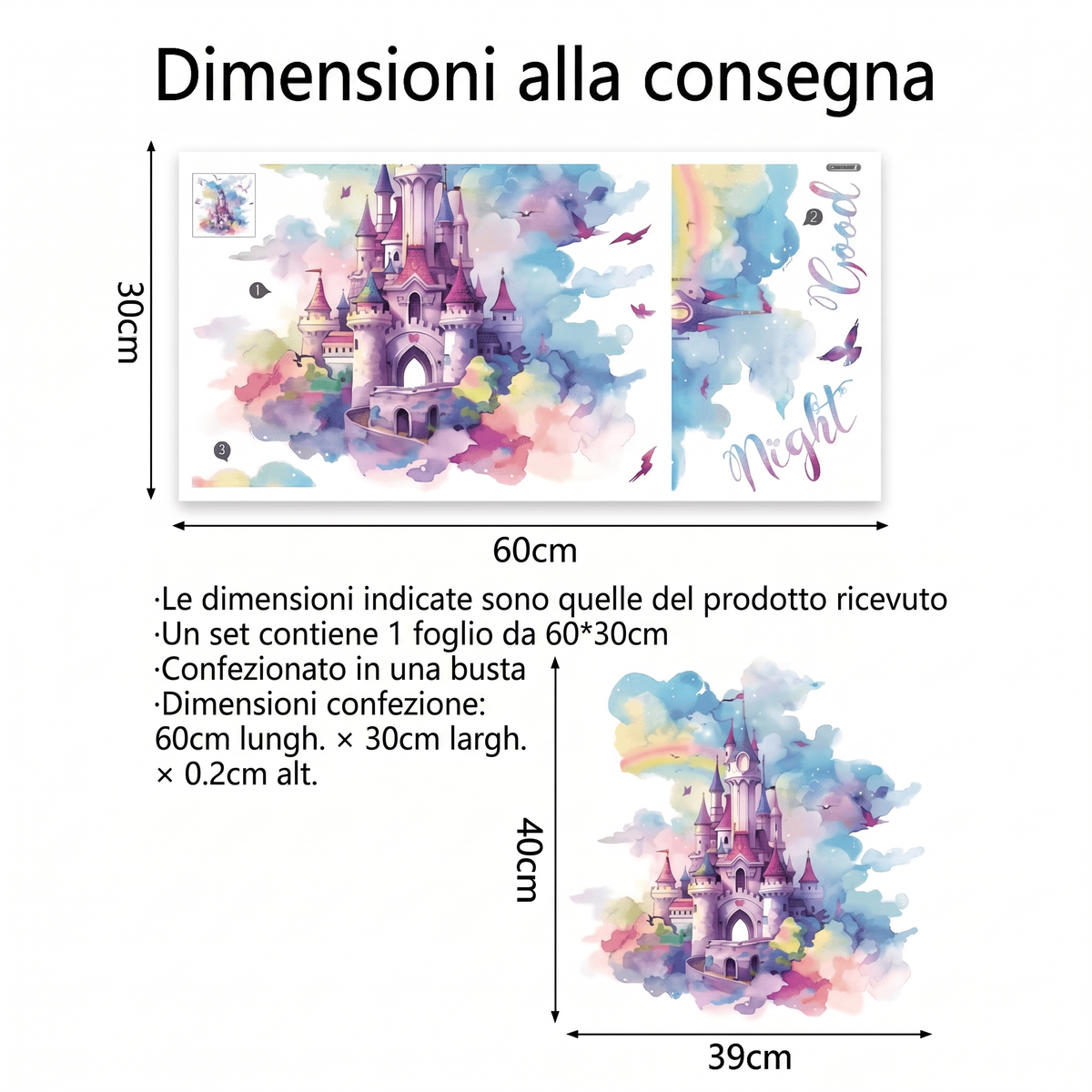 Adesivi murali castello della principessa con arcobaleno - Dimensioni