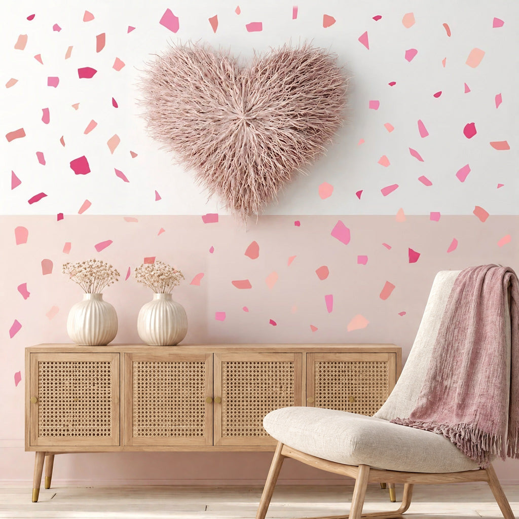 Confettis terrazzo roses sur un mur rose et blanc, au-dessus d'un buffet en chêne canné