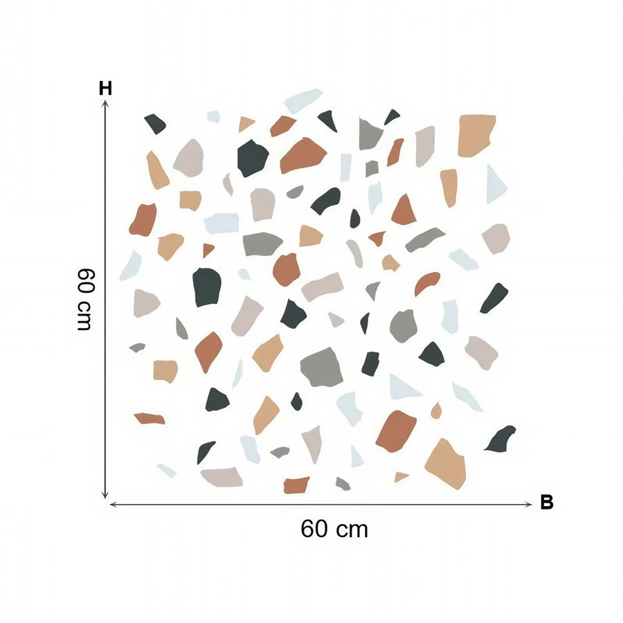 Der gelieferte Bogen im Vergleich zum Motiv an der Wand: Wandtattoo Terrazzo-Konfetti mit geometrischen Formen fürs Wohnzimmer