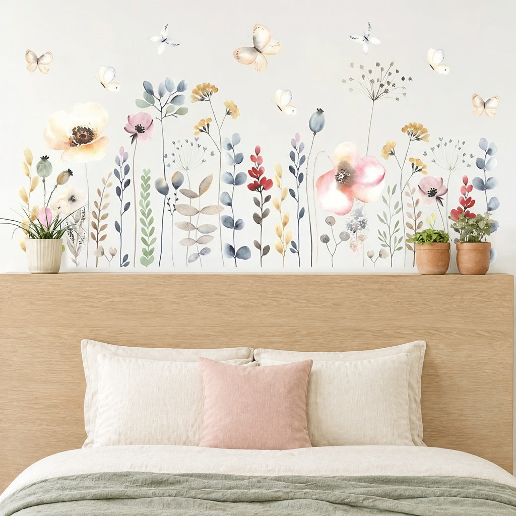 Stickers coquelicots et papillons bohème au-dessus d'une tête de lit en bois clair