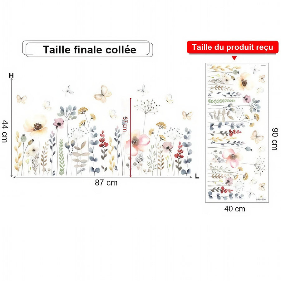 Comparaison entre la planche reçue et le motif posé : Stickers Muraux Coquelicots et Papillons Bohème Chambre Bébé