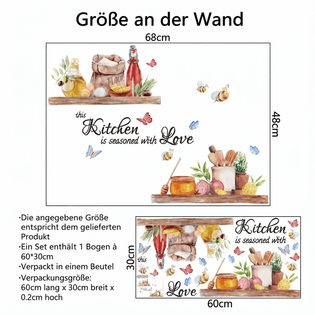 Wandtattoo Küchenregal mit Zutaten und Bienen - Maße
