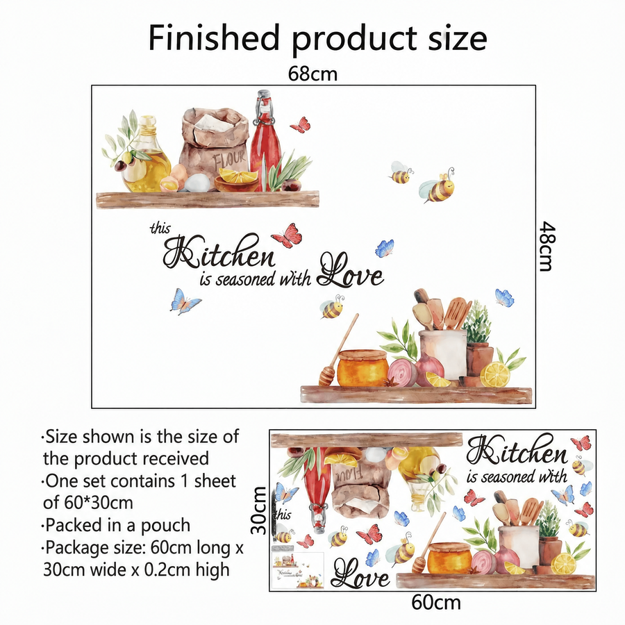 The sheet you receive compared with the design on the wall: Seasoned with Love Kitchen Wall Stickers