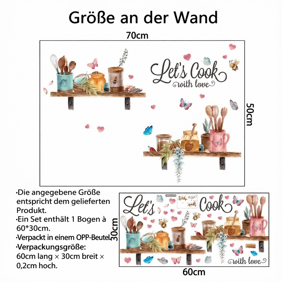 Wandtattoo Küchenregale mit Utensilien und Pflanzen - Maße