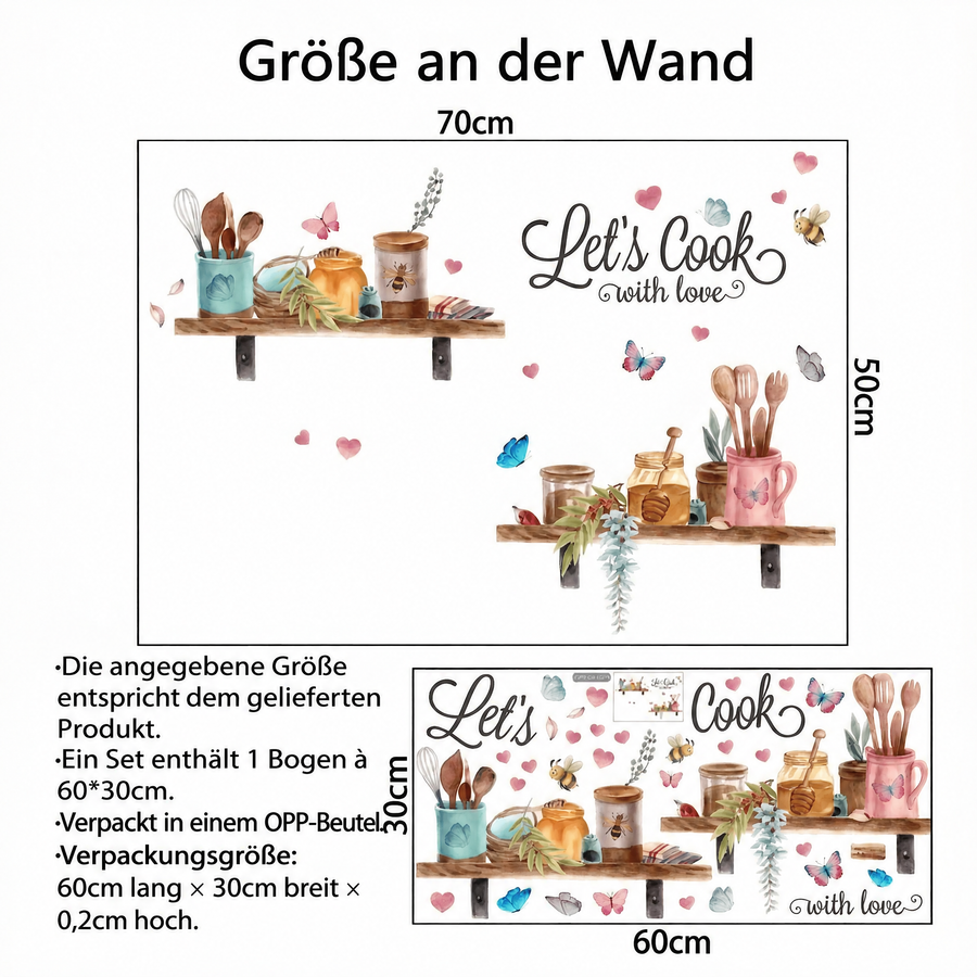 Der gelieferte Bogen im Vergleich zum Motiv an der Wand: Wandtattoo Küchenregale mit Utensilien und Pflanzen