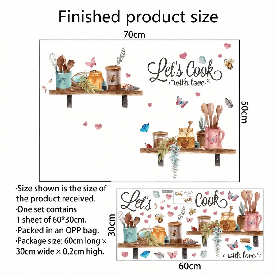 The sheet you receive compared with the design on the wall: Let's Cook with Love Kitchen Wall Stickers