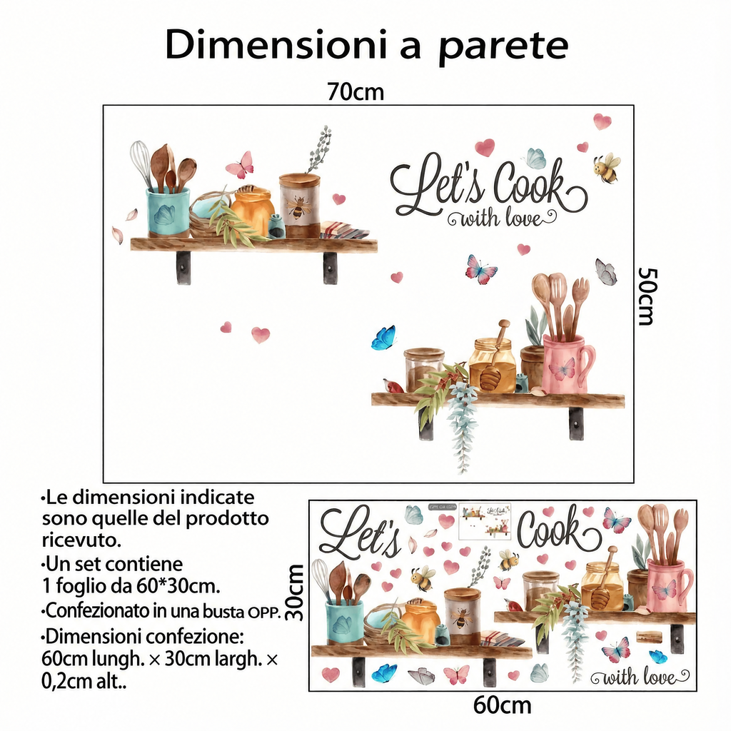 Adesivi murali mensole con utensili e piante per cucina - Dimensioni