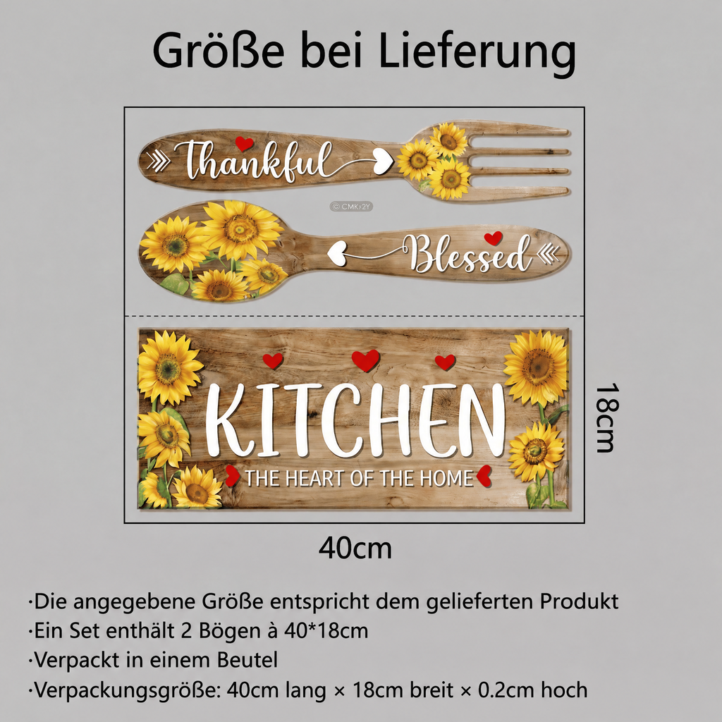 Wandtattoo Küchenschilder in Holzoptik mit Sonnenblumen - Maße