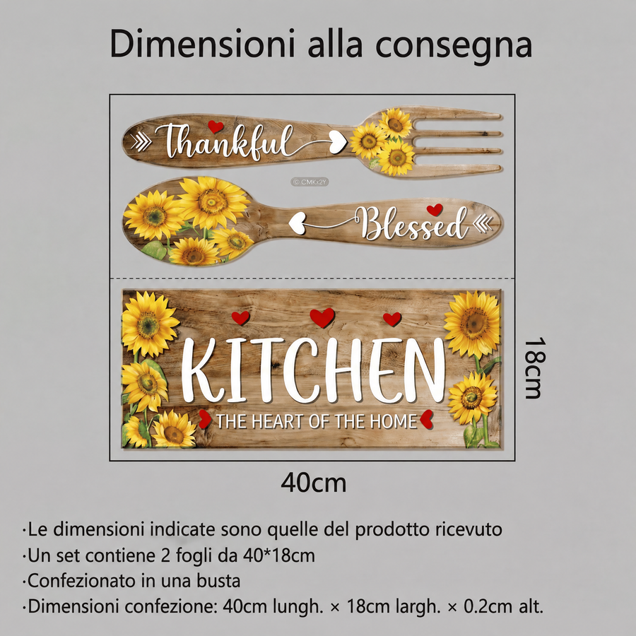 Il foglio che ricevi a confronto con il motivo applicato: Adesivi murali insegne effetto legno con girasoli per cucina