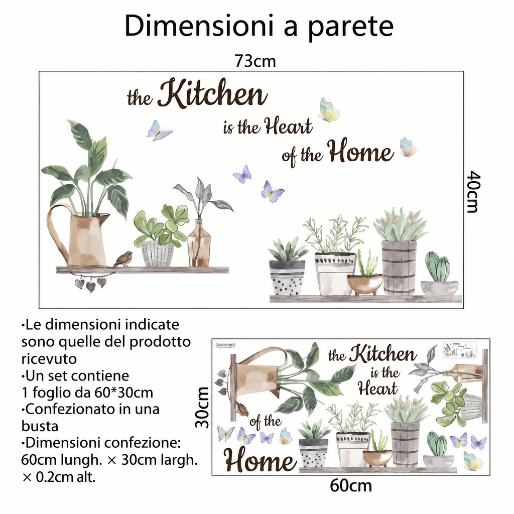 Adesivi murali mensole con piante in vaso per cucina - Dimensioni