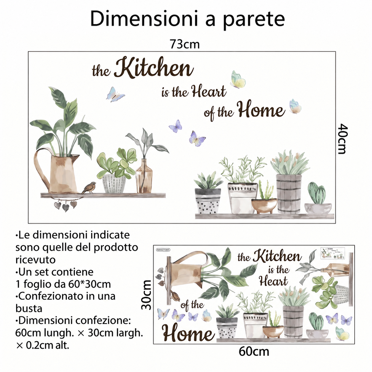 Adesivi murali mensole con piante in vaso per cucina - Dimensioni