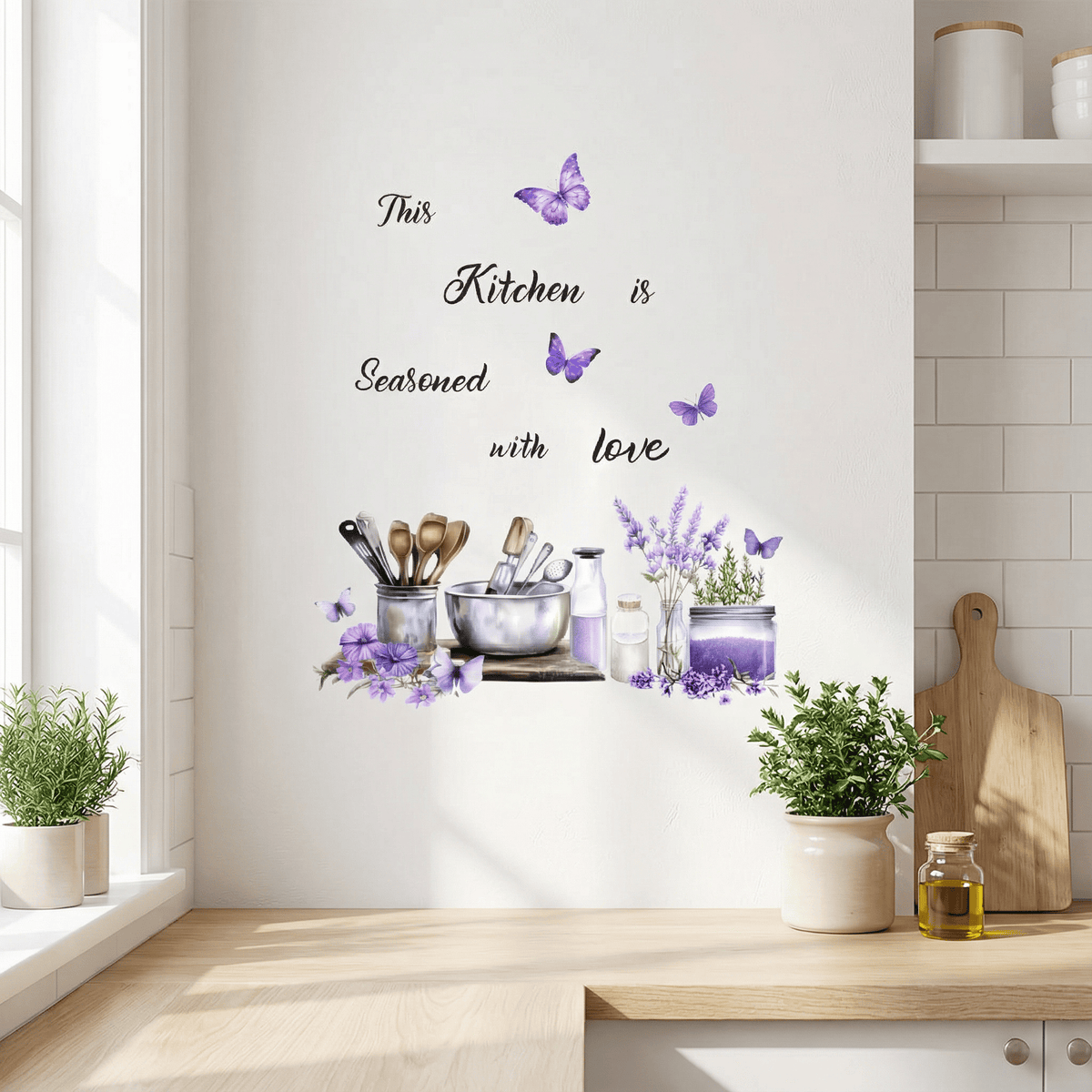 Stickers Muraux Cuisine Fleur Lavande et Papillons