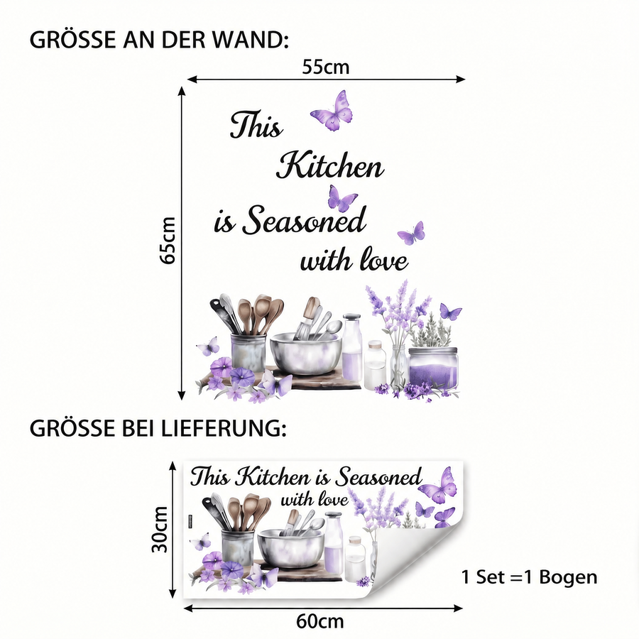 Der gelieferte Bogen im Vergleich zum Motiv an der Wand: Wandtattoo Lavendel und Schmetterlinge für die Küche