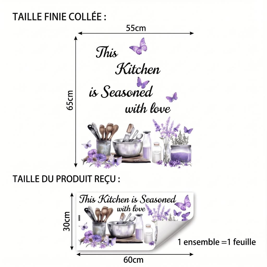 Stickers Muraux Cuisine Fleur Lavande et Papillons - dimensions