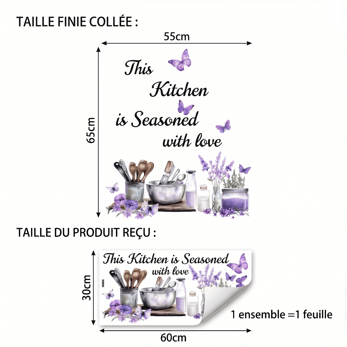 Stickers Muraux Cuisine Fleur Lavande et Papillons - dimensions