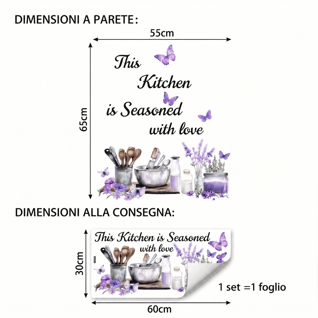 Adesivi murali lavanda e farfalle per cucina - Dimensioni
